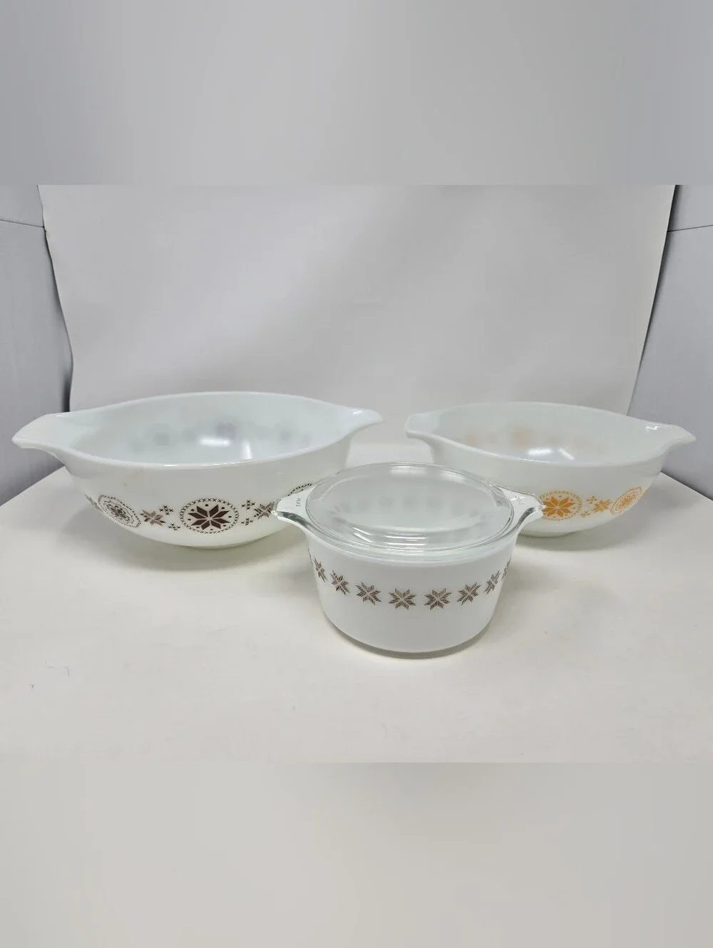 VINTAGE PYREX TOWN & COUNTRY CINDERELLA BOWL #444 #443 CASSEROLE DISH SET OF 3